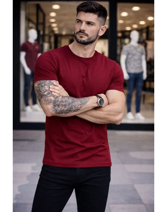 Erkek Bisiklet Yaka Slim Fit dar kesim Likralı Tişört - Bordo