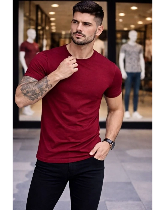 Erkek Bisiklet Yaka Slim Fit dar kesim Likralı Tişört - Bordo