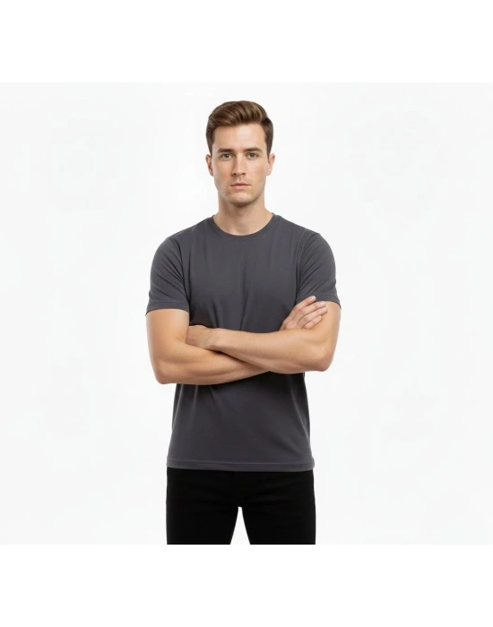 Erkek Bisiklet Yaka Slim Fit dar kesim Likralı Tişört - Füme