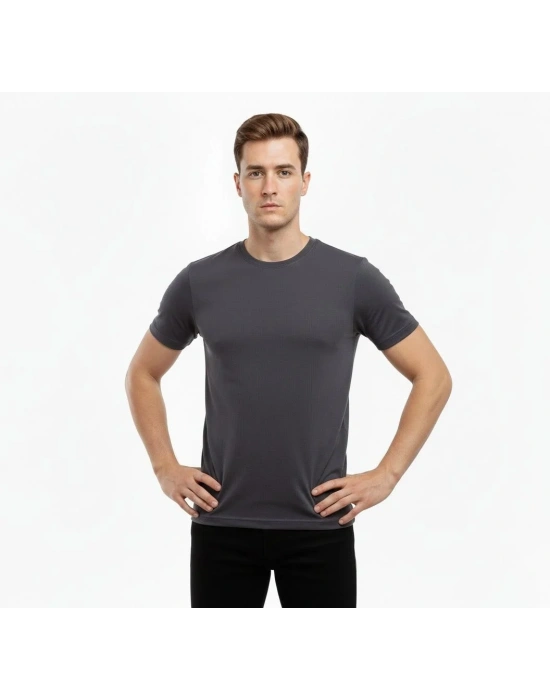 Erkek Bisiklet Yaka Slim Fit dar kesim Likralı Tişört - Füme