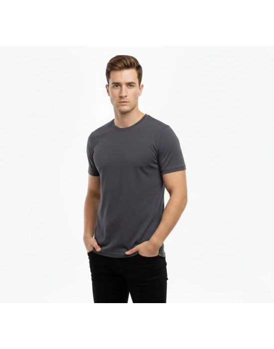 Erkek Bisiklet Yaka Slim Fit dar kesim Likralı Tişört - Füme