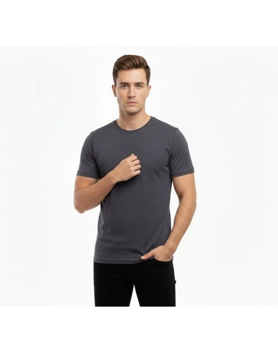 Erkek Bisiklet Yaka Slim Fit dar kesim Likralı Tişört - Füme