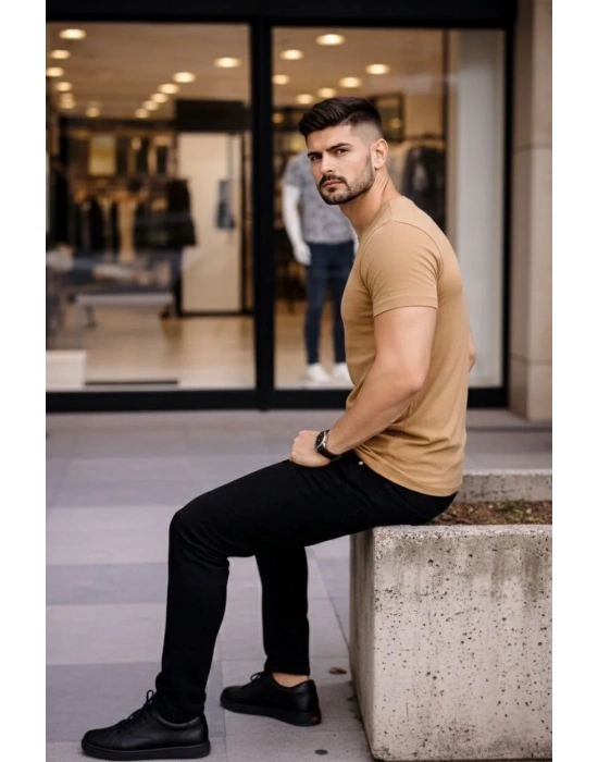 Erkek Bisiklet Yaka Slim Fit dar kesim Likralı Tişört - Kahverengi