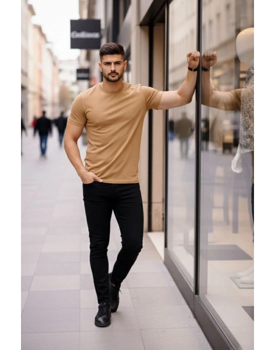 Erkek Bisiklet Yaka Slim Fit dar kesim Likralı Tişört - Kahverengi