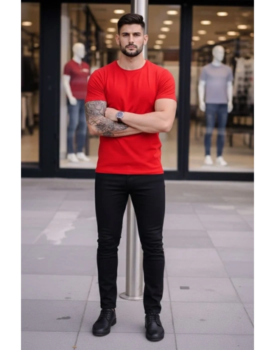 Erkek Bisiklet Yaka Slim Fit dar kesim Likralı Tişört - Kırmızı