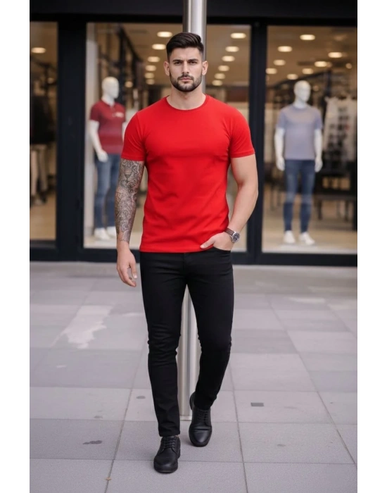 Erkek Bisiklet Yaka Slim Fit dar kesim Likralı Tişört - Kırmızı