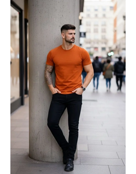 Erkek Bisiklet Yaka Slim Fit dar kesim Likralı Tişört - Koyu Turuncu