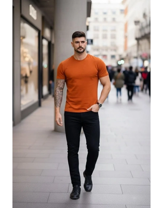 Erkek Bisiklet Yaka Slim Fit dar kesim Likralı Tişört - Koyu Turuncu