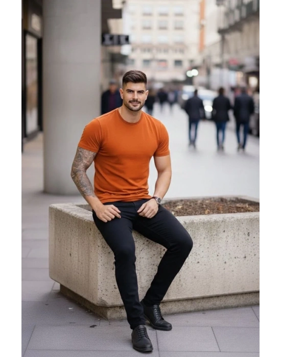 Erkek Bisiklet Yaka Slim Fit dar kesim Likralı Tişört - Koyu Turuncu