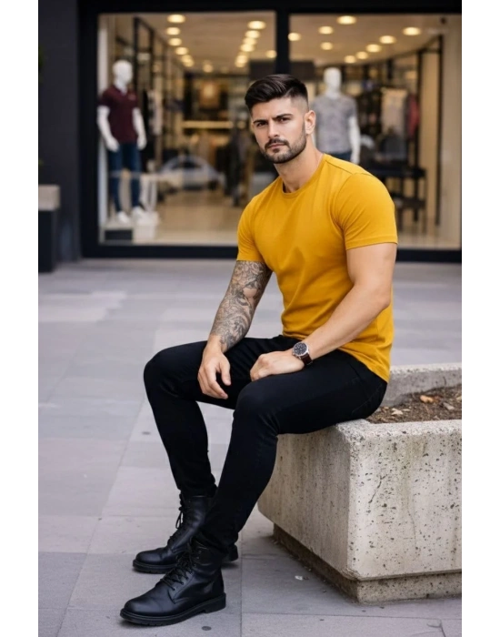 Erkek Bisiklet Yaka Slim Fit dar kesim Likralı Tişört - Limon