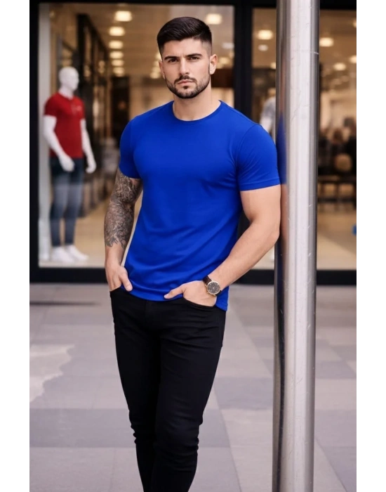 Erkek Bisiklet Yaka Slim Fit dar kesim Likralı Tişört - Saks Mavisi