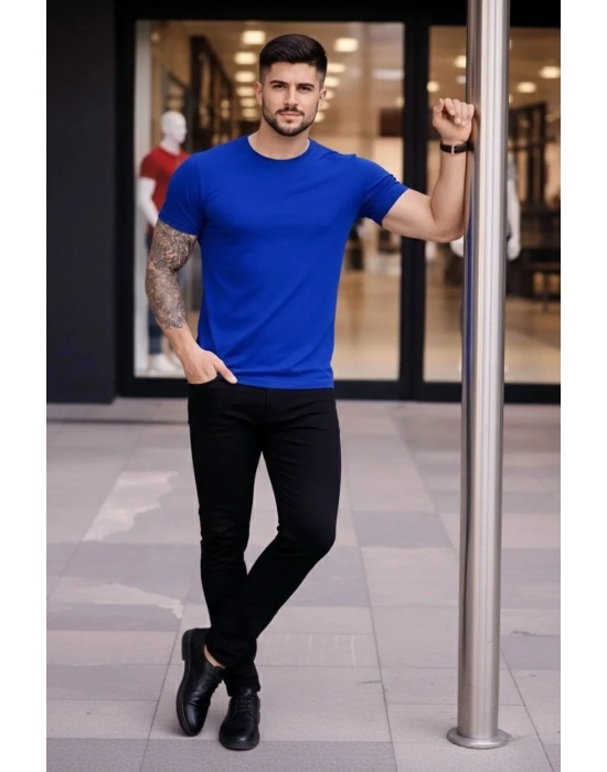 Erkek Bisiklet Yaka Slim Fit dar kesim Likralı Tişört - Saks Mavisi