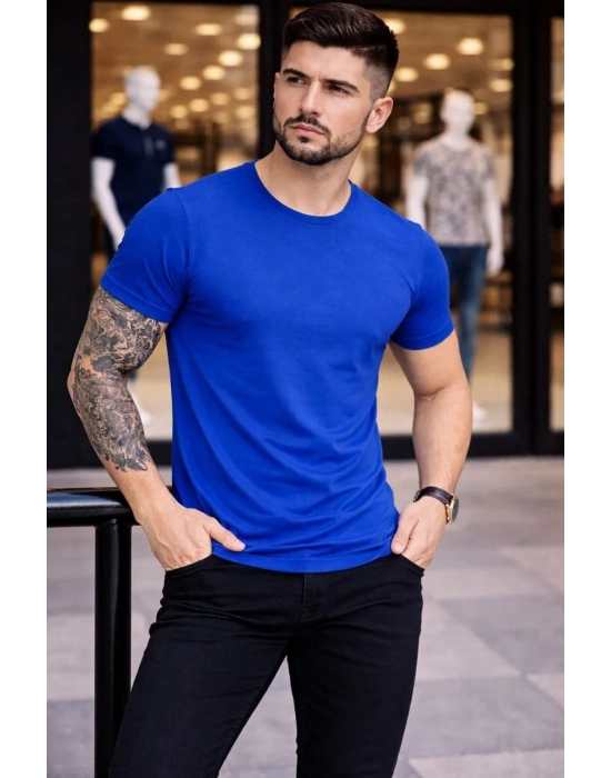 Erkek Bisiklet Yaka Slim Fit dar kesim Likralı Tişört - Saks Mavisi