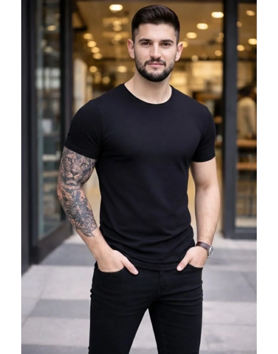 Erkek T-Shirt Bisiklet Yaka Slim Fit dar kesim Likralı Tişört Günlük Basic Body - Siyah