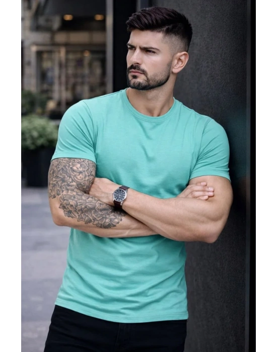 Erkek Bisiklet Yaka Slim Fit dar kesim Likralı Tişört - Turkuvaz