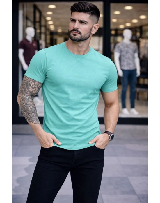 Erkek Bisiklet Yaka Slim Fit dar kesim Likralı Tişört - Turkuvaz