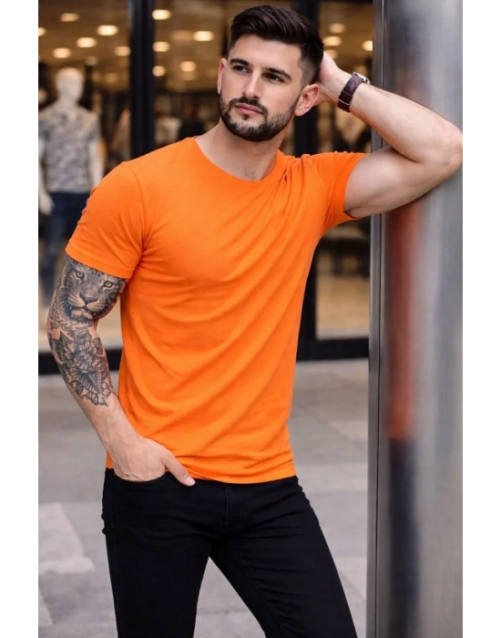Erkek Bisiklet Yaka Slim Fit dar kesim Likralı Tişört - Turuncu