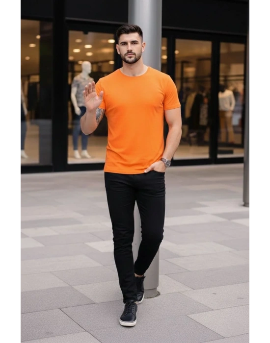 Erkek Bisiklet Yaka Slim Fit dar kesim Likralı Tişört - Turuncu