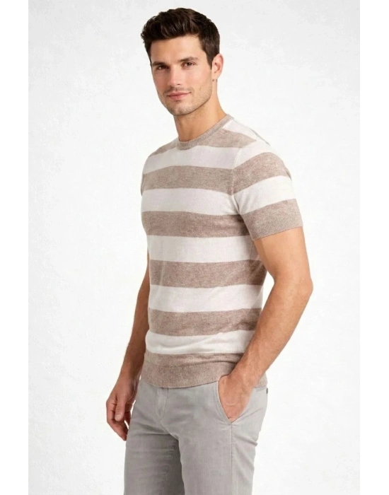 Erkek T-shirt Çizgili Triko Dokuma Bisiklet Yaka Tişört - Bej