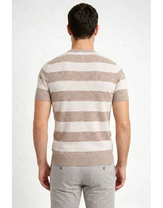 Erkek T-shirt Çizgili Triko Dokuma Bisiklet Yaka Tişört - Bej