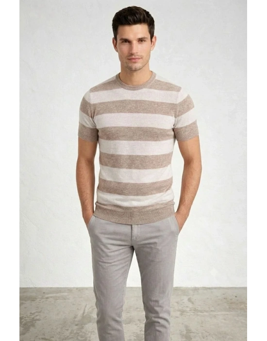 Erkek T-shirt Çizgili Triko Dokuma Bisiklet Yaka Tişört - Bej