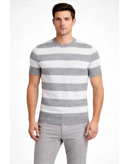 Erkek T-shirt Çizgili Triko Dokuma Bisiklet Yaka Tişört - Gri