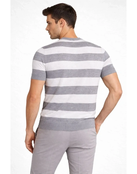 Erkek T-shirt Çizgili Triko Dokuma Bisiklet Yaka Tişört - Gri