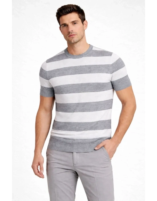 Erkek T-shirt Çizgili Triko Dokuma Bisiklet Yaka Tişört - Gri