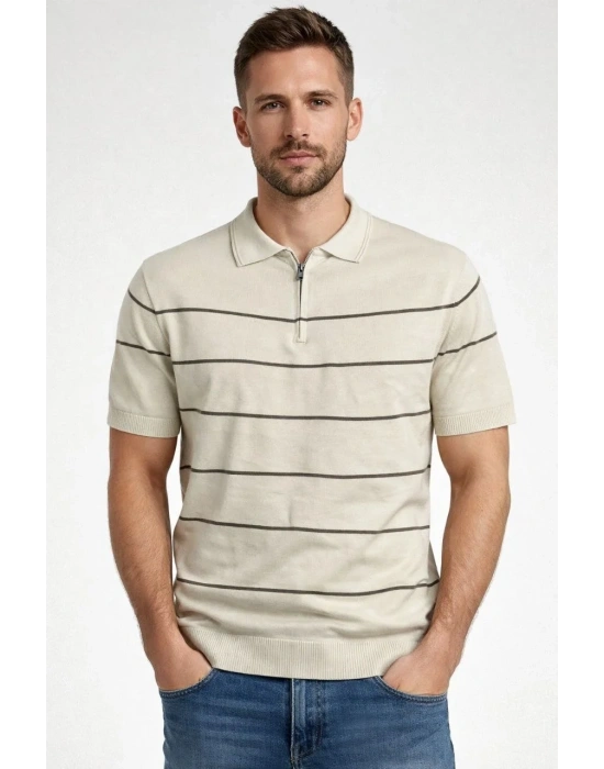 Erkek T-shirt Çizgili Triko Dokuma Kumaş Polo Yaka Yarım Fermuarlı Regular Kalıp Tişört - Bej