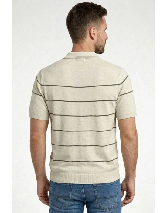 Erkek T-shirt Çizgili Triko Dokuma Kumaş Polo Yaka Yarım Fermuarlı Regular Kalıp Tişört - Bej