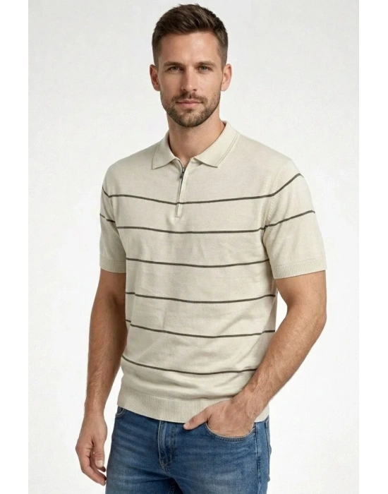 Erkek T-shirt Çizgili Triko Dokuma Kumaş Polo Yaka Yarım Fermuarlı Regular Kalıp Tişört - Bej