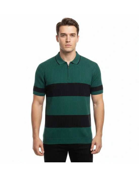 Erkek Çizgili Triko Dokuma Polo Yaka Yarım Fermuarlı Regular Kalıp Tişört - Çağla Yeşili