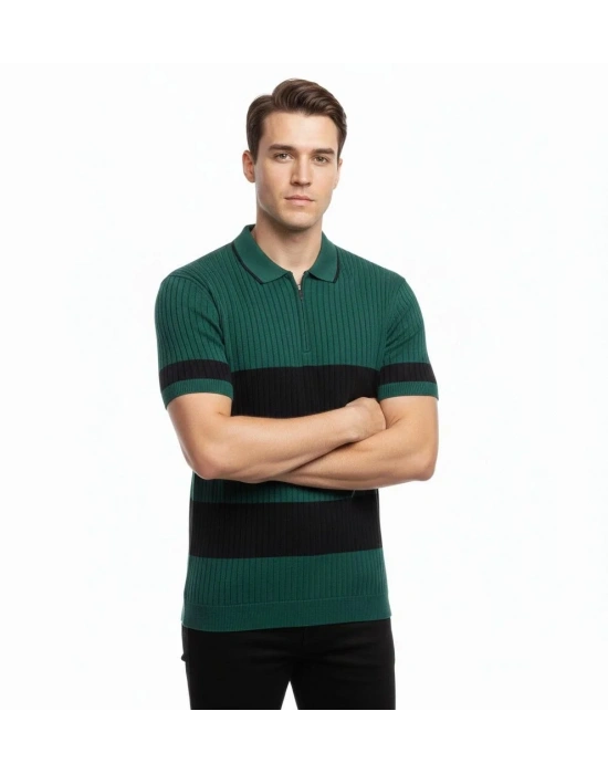 Erkek Çizgili Triko Dokuma Polo Yaka Yarım Fermuarlı Regular Kalıp Tişört - Çağla Yeşili