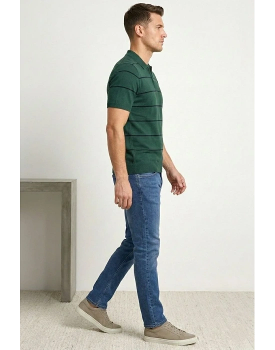 Erkek T-shirt Çizgili Triko Dokuma Kumaş Polo Yaka Yarım Fermuarlı Regular Kalıp Tişört - Çağla Yeşili