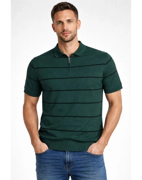Erkek T-shirt Çizgili Triko Dokuma Kumaş Polo Yaka Yarım Fermuarlı Regular Kalıp Tişört - Çağla Yeşili