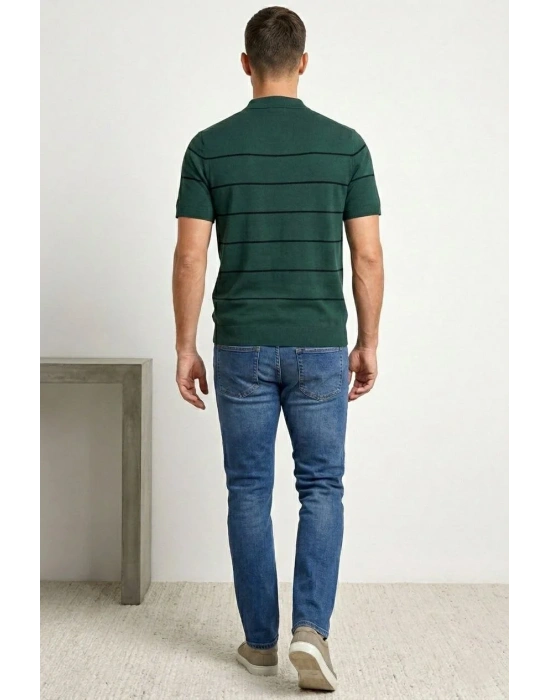 Erkek T-shirt Çizgili Triko Dokuma Kumaş Polo Yaka Yarım Fermuarlı Regular Kalıp Tişört - Çağla Yeşili