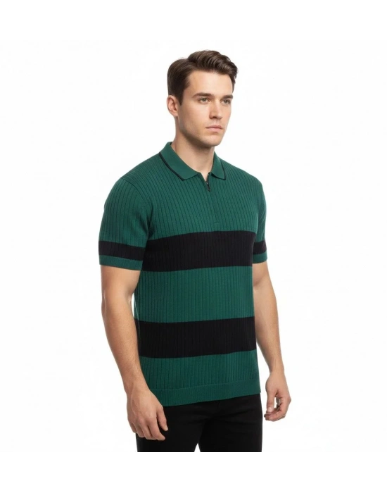 Erkek Çizgili Triko Dokuma Polo Yaka Yarım Fermuarlı Regular Kalıp Tişört - Çağla Yeşili