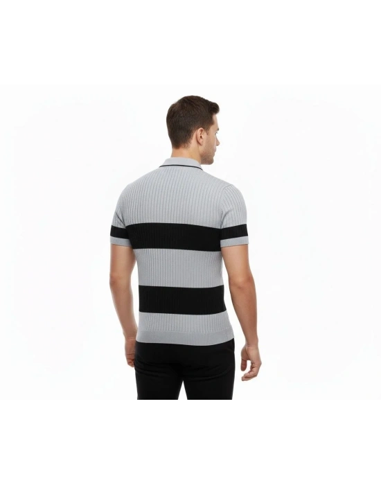Erkek Çizgili Triko Dokuma Polo Yaka Yarım Fermuarlı Regular Kalıp Tişört - Gri
