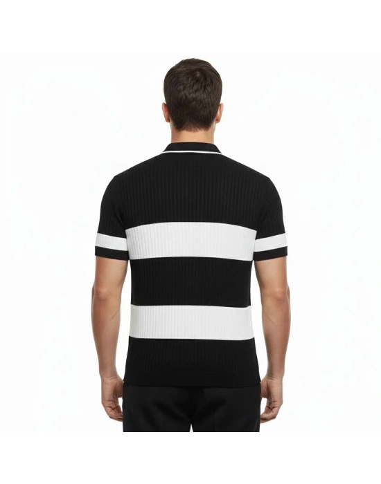 Erkek T-shirt Çizgili Triko Dokuma Kumaş Polo Yaka Yarım Fermuarlı Regular Kalıp Tişört - Siyah