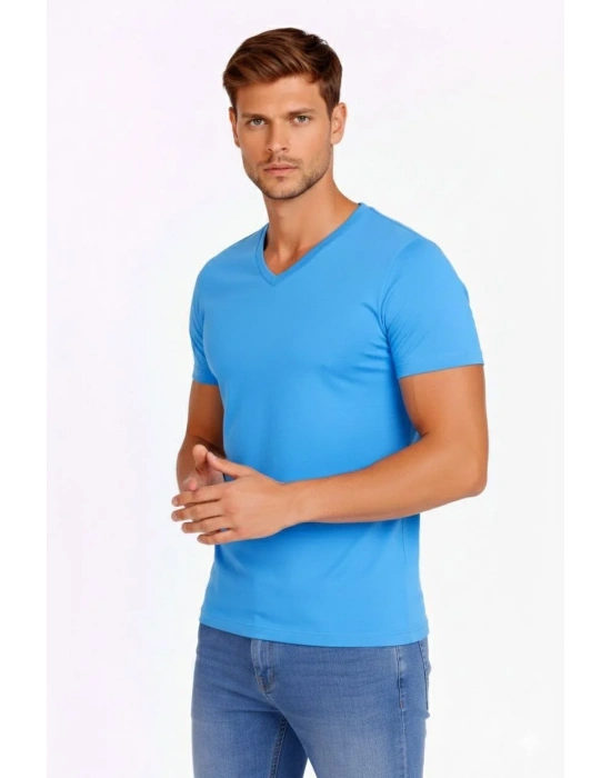 Erkek V Yaka Slim Fit dar kesim Likralı Tişört - Açık Mavi