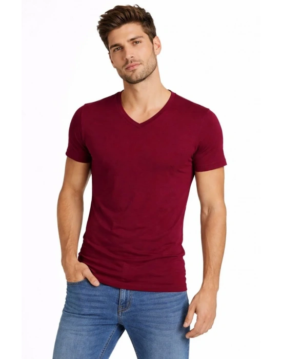 Erkek V Yaka Slim Fit dar kesim Likralı Tişört - Bordo