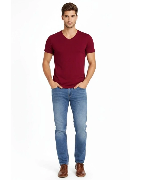 Erkek V Yaka Slim Fit dar kesim Likralı Tişört - Bordo