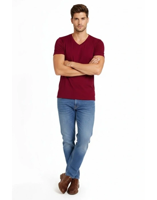 Erkek V Yaka Slim Fit dar kesim Likralı Tişört - Bordo