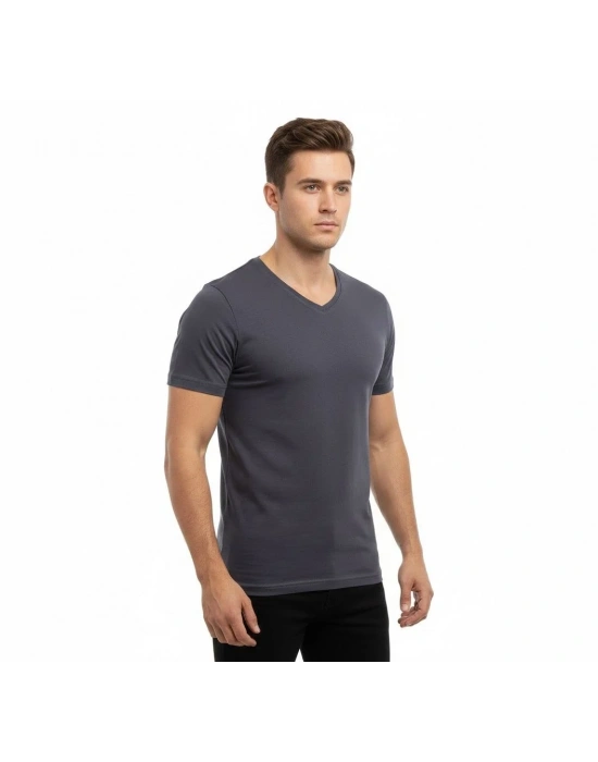 Erkek T-Shirt V Yaka Slim Fit dar kesim Likralı Tişört Günlük Basic Body - Füme