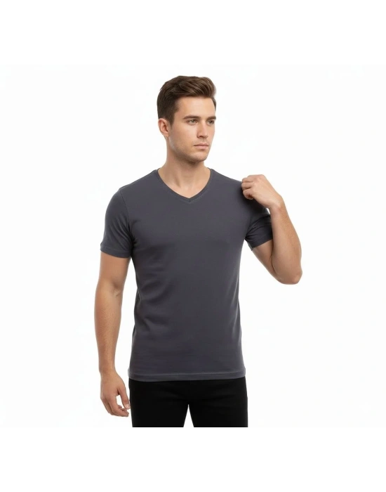 Erkek T-Shirt V Yaka Slim Fit dar kesim Likralı Tişört Günlük Basic Body - Füme