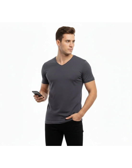 Erkek T-Shirt V Yaka Slim Fit dar kesim Likralı Tişört Günlük Basic Body - Füme
