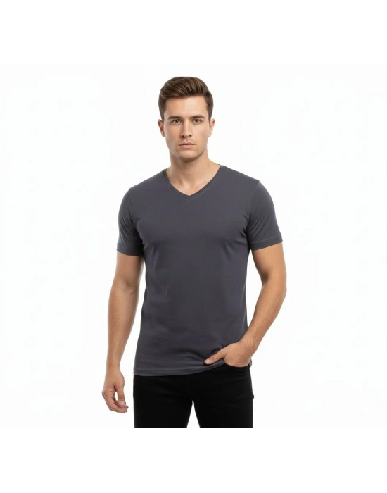 Erkek T-Shirt V Yaka Slim Fit dar kesim Likralı Tişört Günlük Basic Body - Füme