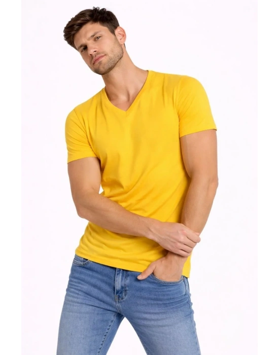 Erkek V Yaka Slim Fit dar kesim Likralı Tişört - Limon