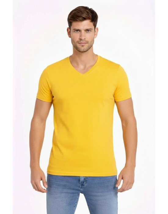 Erkek V Yaka Slim Fit dar kesim Likralı Tişört - Limon