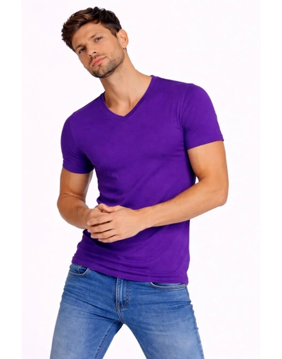 Erkek V Yaka Slim Fit dar kesim Likralı Tişört - Mor